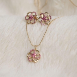 Conjunto Flor Rosa Com Microzirconia