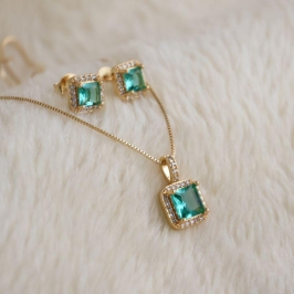 Conjunto Zirconia Verde Quadrada Microzirconia Borda