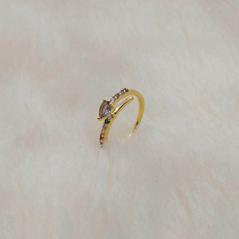Anel Ajustável Aro em Zircônia Colorida com Gota Roxo