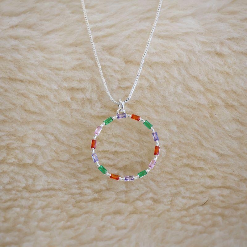 Colar Zirconia Palitinho Deitado Colorido Circulo Vazado
