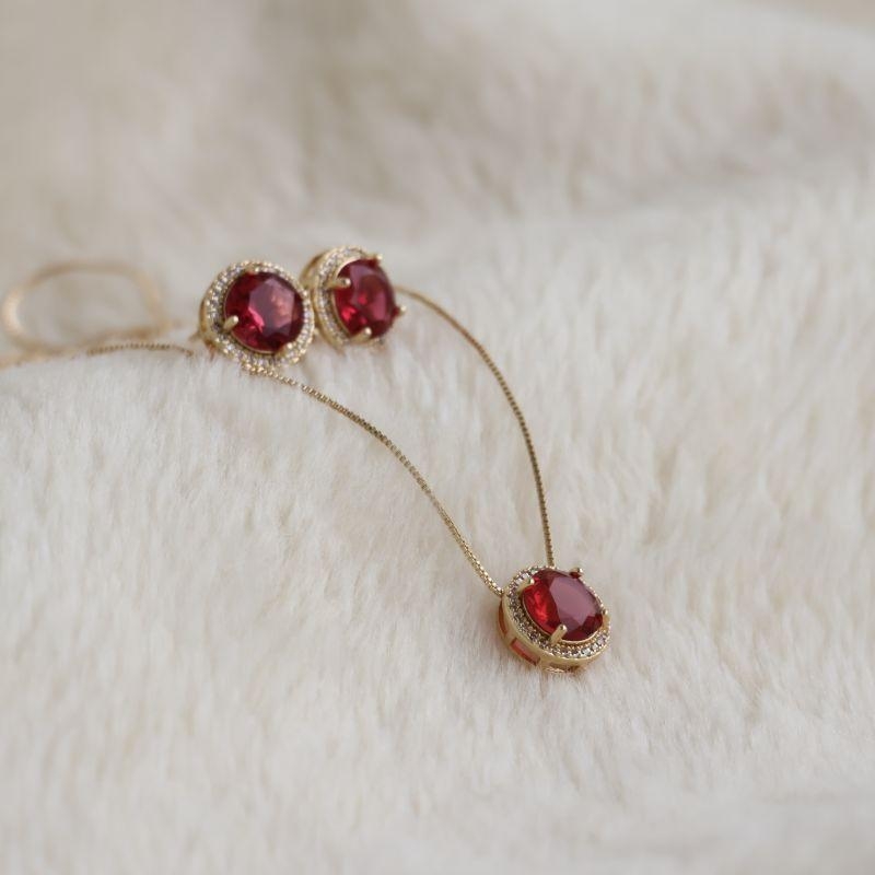 Conjunto Bolinha Vermelha Microzirconia Bordas