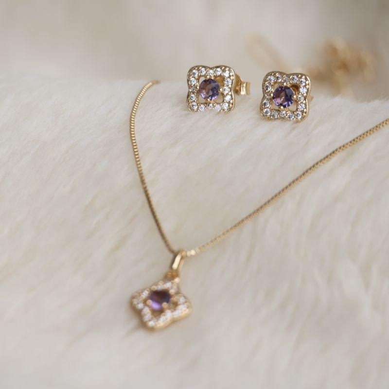 Conjunto Flor Roxa Microzirconia Borda