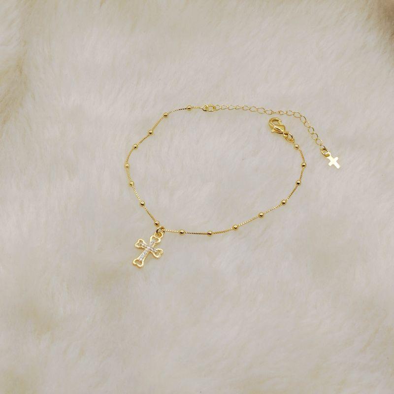 Pulseira Veneziana com Bolinha e Pingente Cruz Vazado com Zircônia Cristal