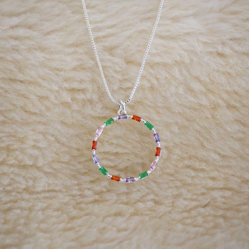 Colar Zirconia Palitinho Deitado Colorido Circulo Vazado
