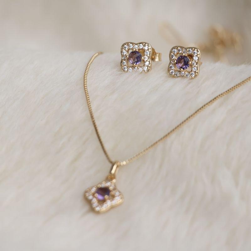 Conjunto Flor Roxa Microzirconia Borda
